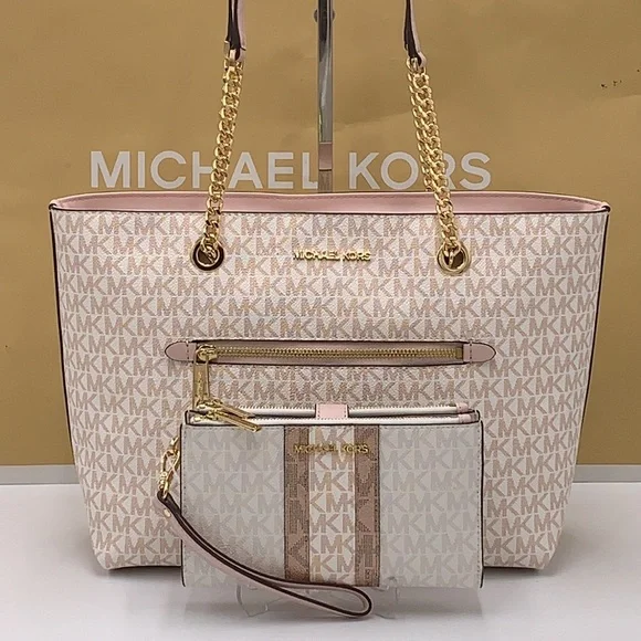 MICHAEL KORS Medium Zip Front Logo Chain Tote Bag & LARGE DOUBLE ZIP WRISTLET - Picture 12 of 16